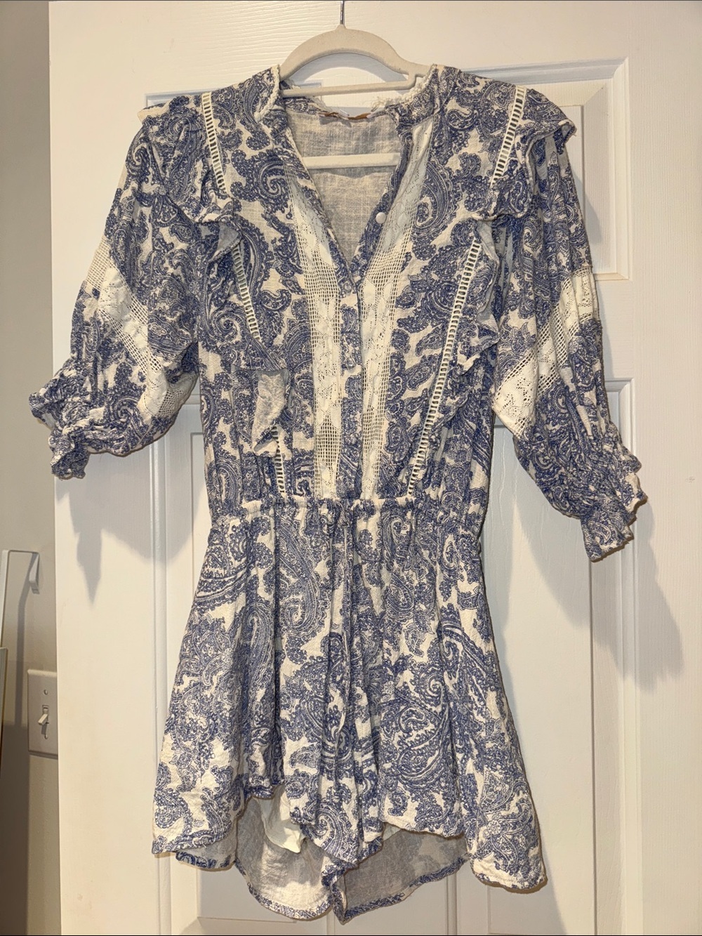 Olivaceous Blue Paisley Ruffle Tunic romper